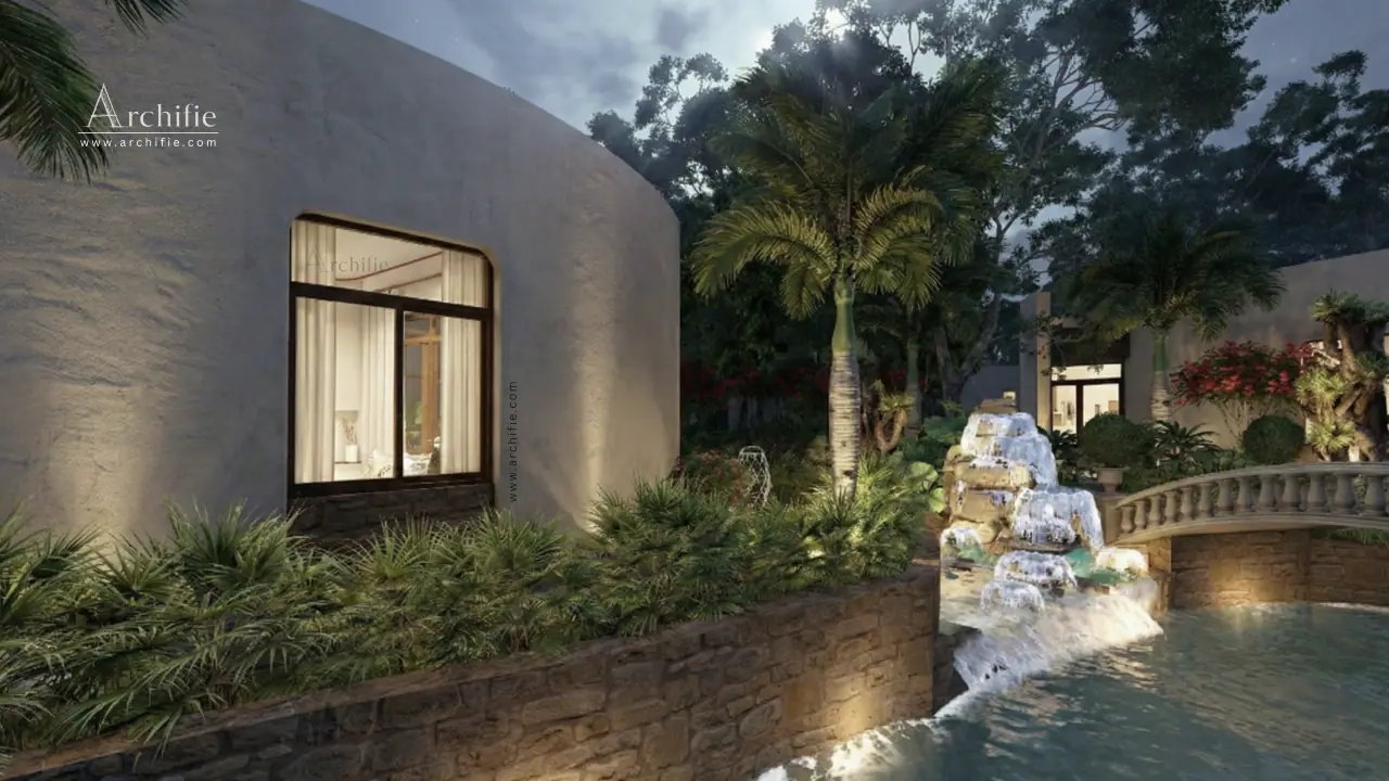 A waterfall flowing into a crystal pool beside curved walls
