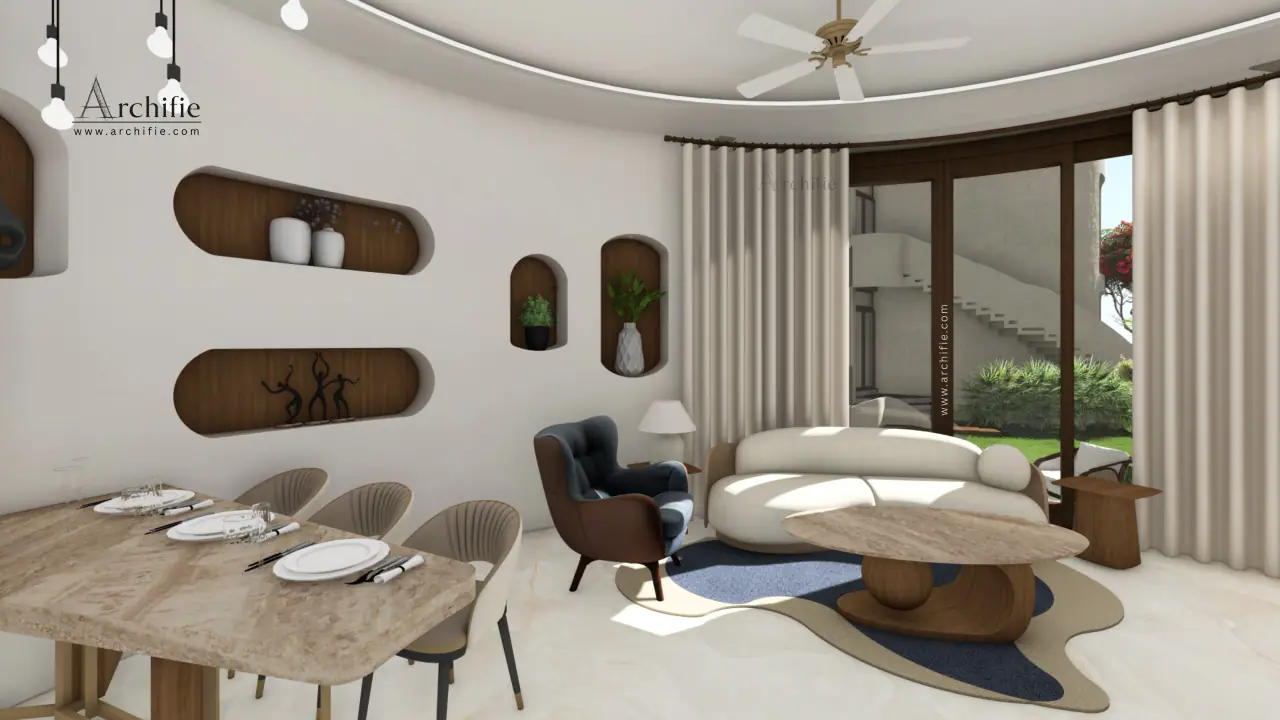 A living and dining room with arched timber niches set into curved white walls, opening onto the garden