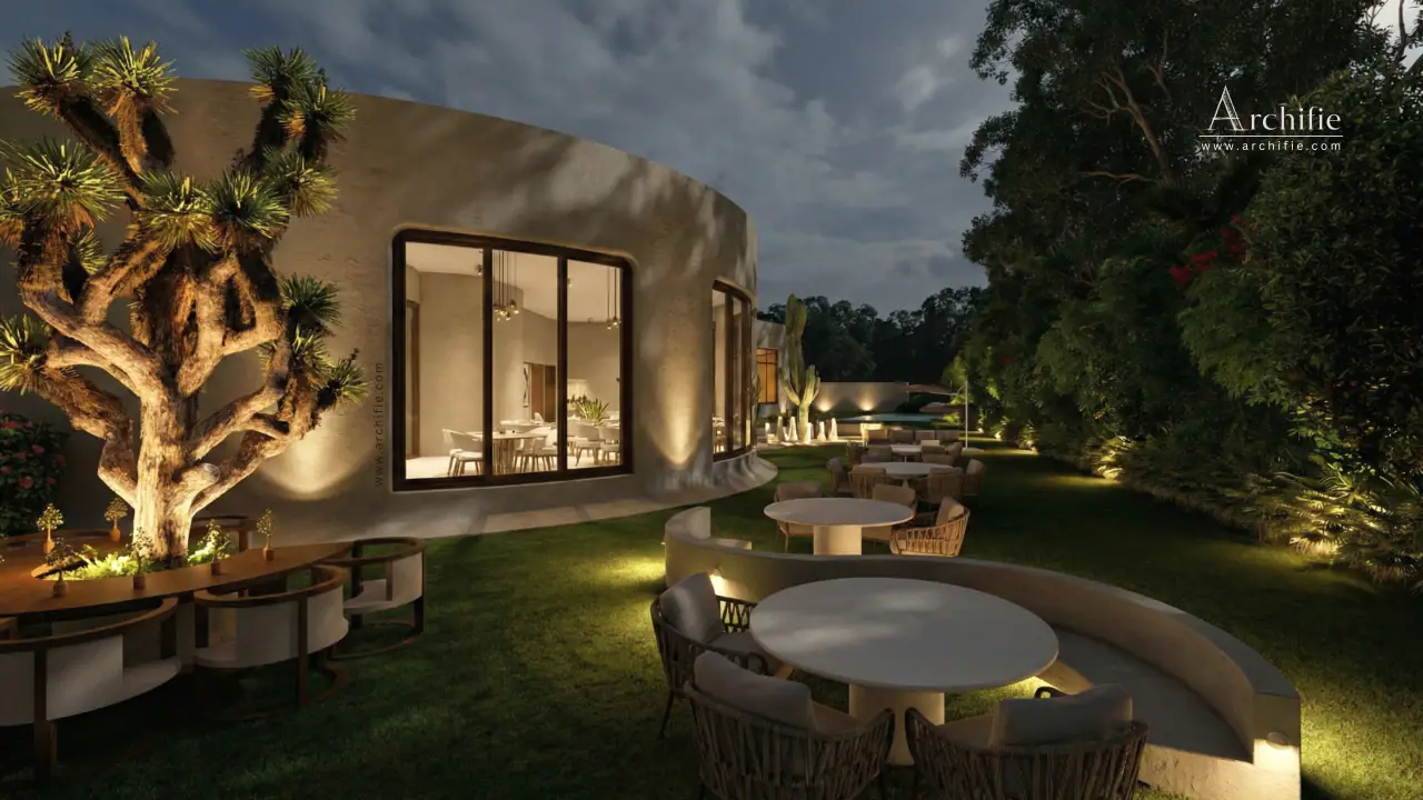 An open-air fire lounge with curved seating