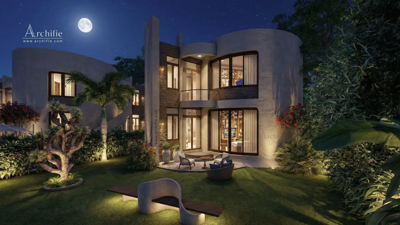 A Vanyara residence after dark, lit from within